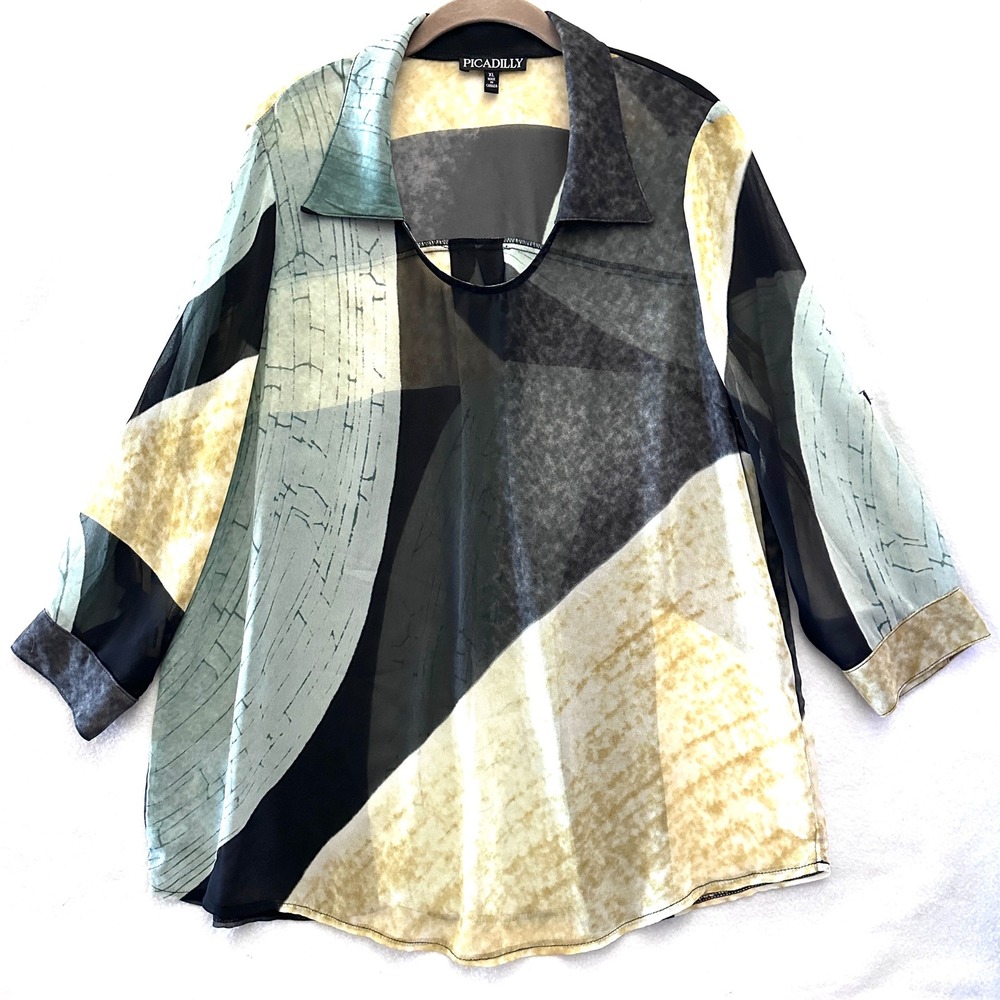 Picadilly Canada XL Chiffon Abstract Geometric Semi Sheer Roll Tab Sleeve Blouse